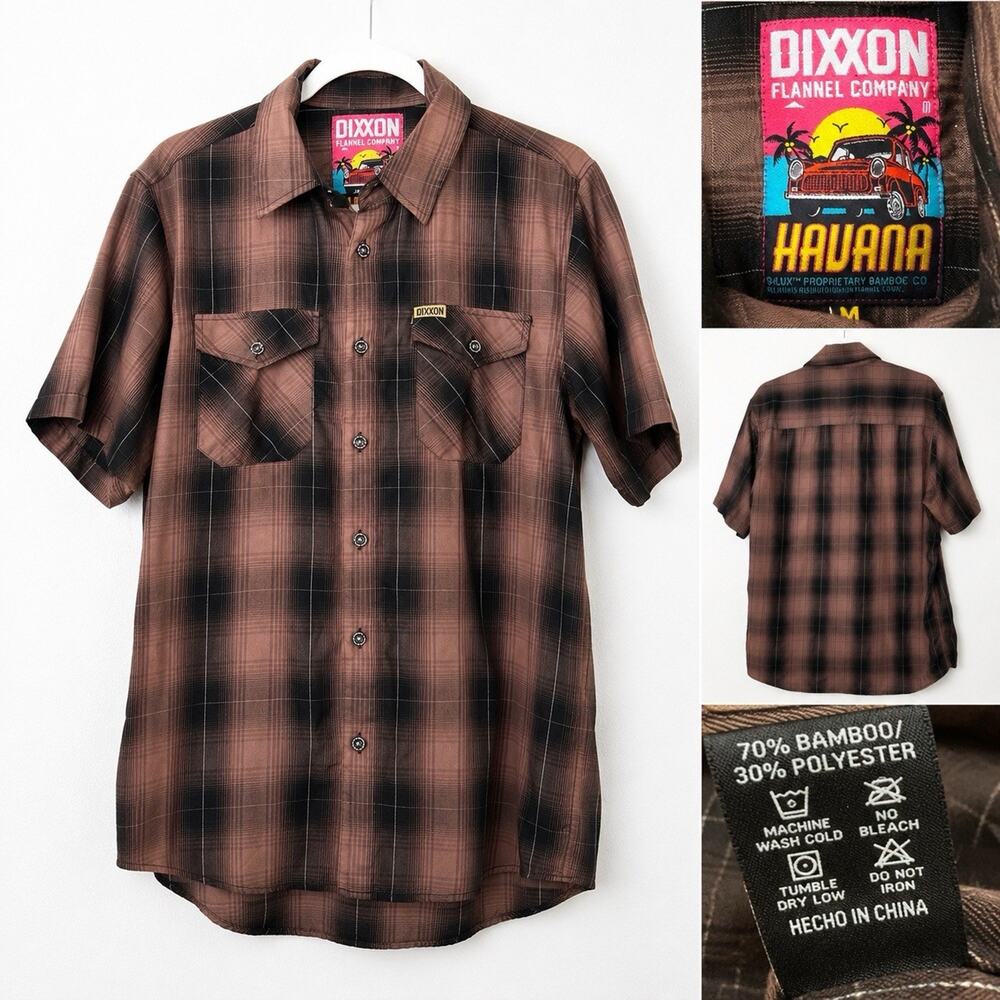 DIXXON Flannel Company M Havana Brown Black Plaid Bamboo Short Sleeve Shirt